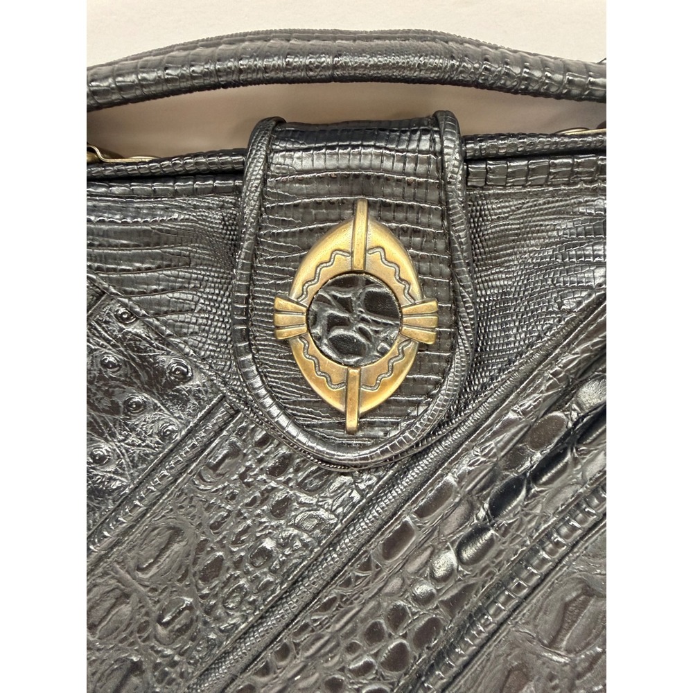 Vintage Black Embossed Patchwork Handbag Crocodile Ostrich Lizard Top Handle Bag - Picture 3 of 15